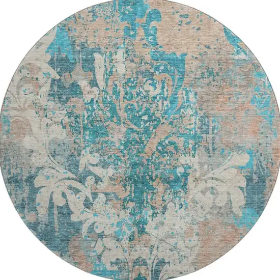 8' Teal Beige And Taupe Damask Washable Round Rug With UV Protection Photo 3