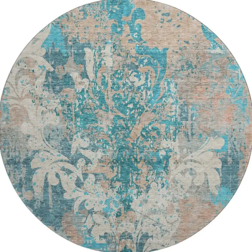 8' Teal Beige And Taupe Damask Washable Round Rug With UV Protection Photo 3