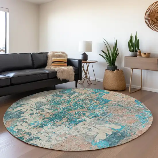 8' Teal Beige And Taupe Damask Washable Round Rug With UV Protection Photo 4