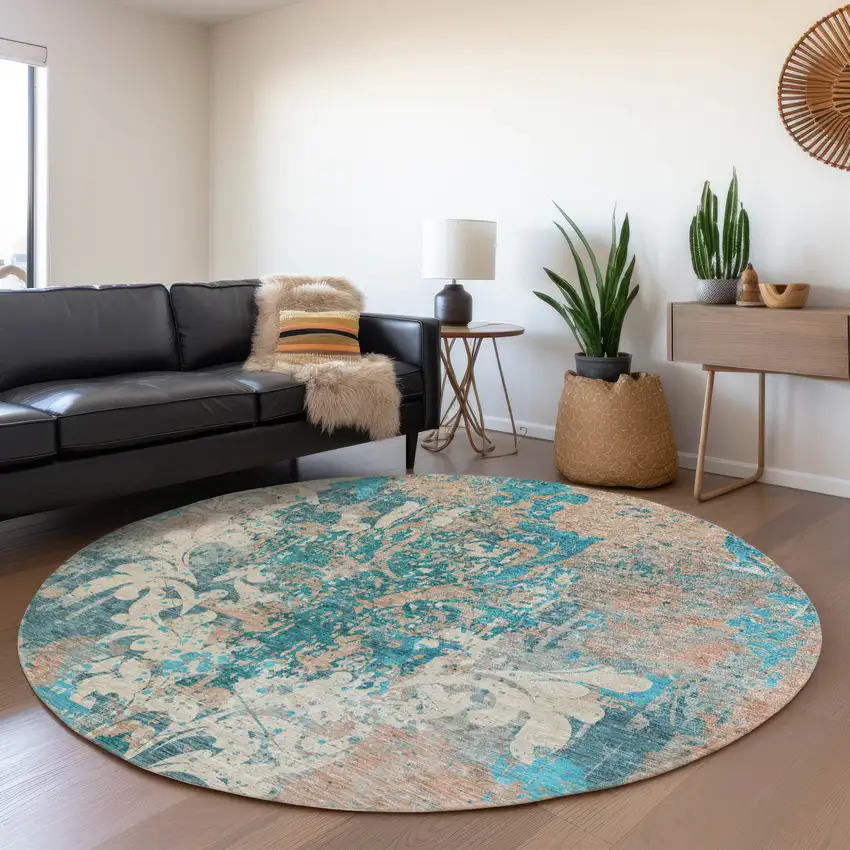 8' Teal Beige And Taupe Damask Washable Round Rug With UV Protection Photo 4