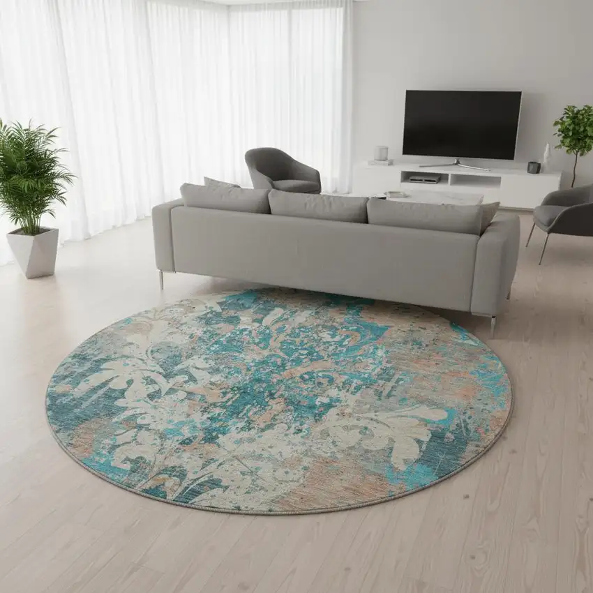 8' Teal Beige And Taupe Damask Washable Round Rug With UV Protection Photo 2