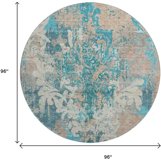 8' Teal Beige And Taupe Damask Washable Round Rug With UV Protection Photo 9