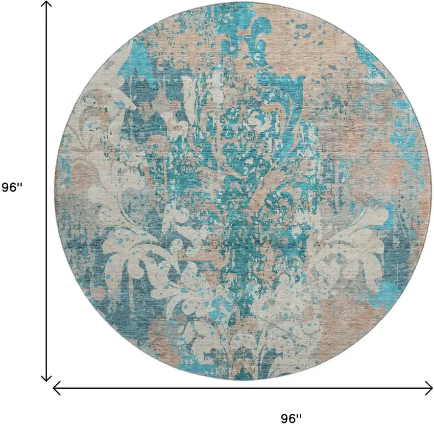 8' Teal Beige And Taupe Damask Washable Round Rug With UV Protection Photo 9