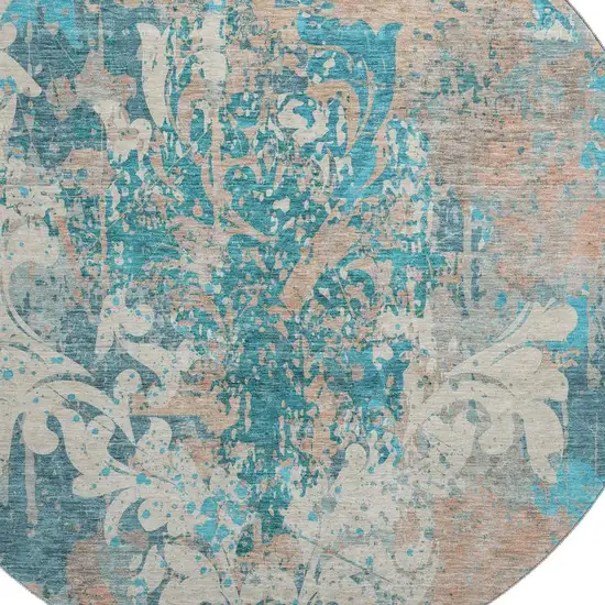 8' Teal Beige And Taupe Damask Washable Round Rug With UV Protection Photo 2