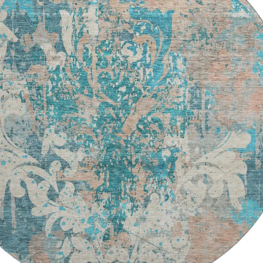 8' Teal Beige And Taupe Damask Washable Round Rug With UV Protection Photo 2