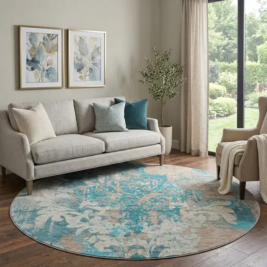 8' Teal Beige And Taupe Damask Washable Round Rug With UV Protection Photo 1