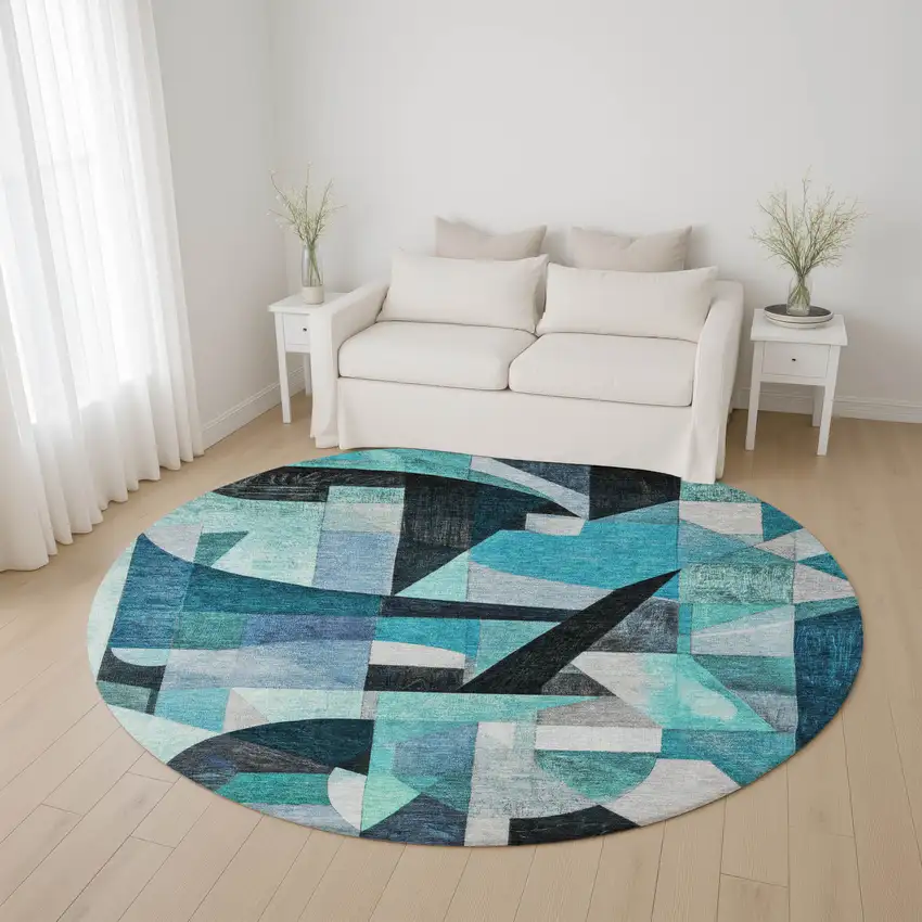 8' Teal Black And Blue Abstract Washable Round Rug With UV Protection Photo 4