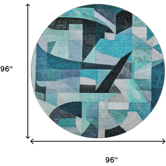 8' Teal Black And Blue Abstract Washable Round Rug With UV Protection Photo 9