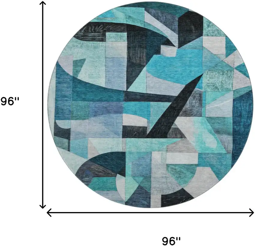 8' Teal Black And Blue Abstract Washable Round Rug With UV Protection Photo 9