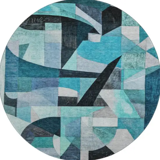 8' Teal Black And Blue Abstract Washable Round Rug With UV Protection Photo 3
