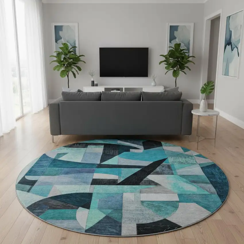 8' Teal Black And Blue Abstract Washable Round Rug With UV Protection Photo 2