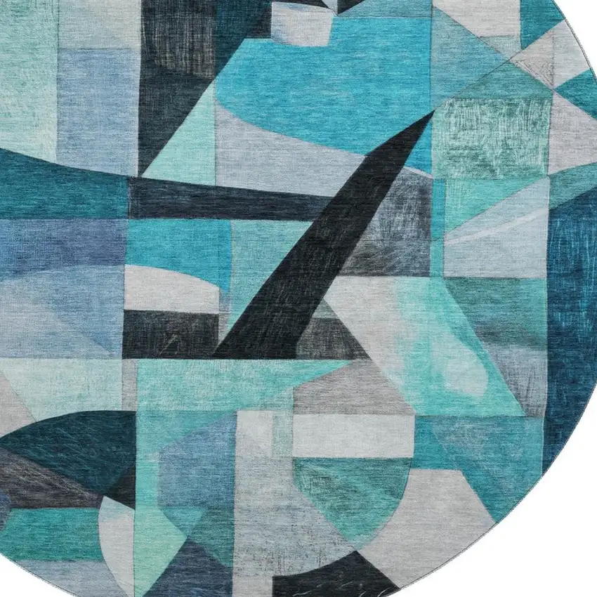8' Teal Black And Blue Abstract Washable Round Rug With UV Protection Photo 2