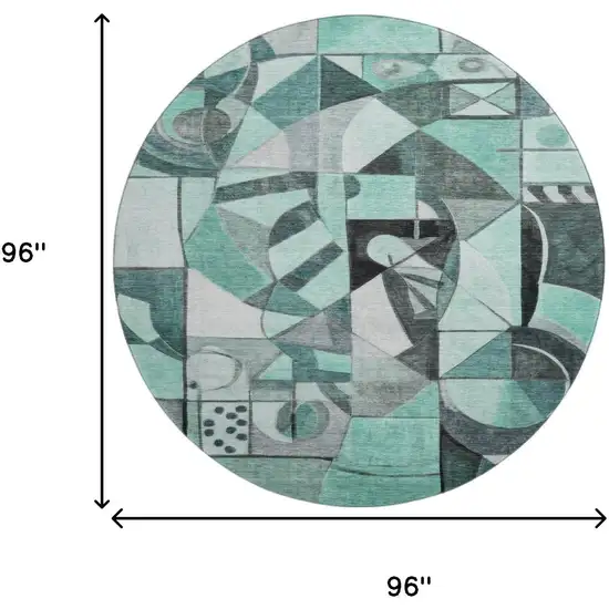 8' Teal Black And Ivory Abstract Washable Round Rug With UV Protection Photo 9