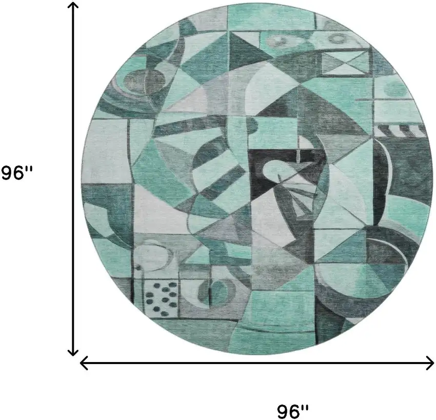 8' Teal Black And Ivory Abstract Washable Round Rug With UV Protection Photo 9