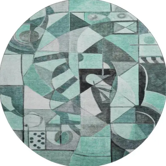 8' Teal Black And Ivory Abstract Washable Round Rug With UV Protection Photo 2