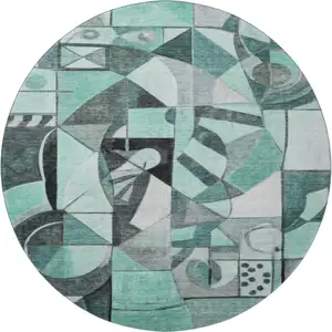 Photo of 8' Teal Black And Ivory Abstract Washable Round Rug With UV Protection