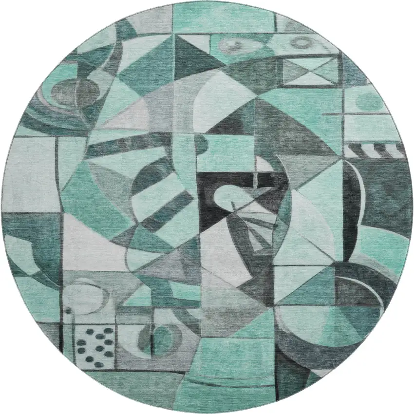 8' Teal Black And Ivory Abstract Washable Round Rug With UV Protection Photo 1