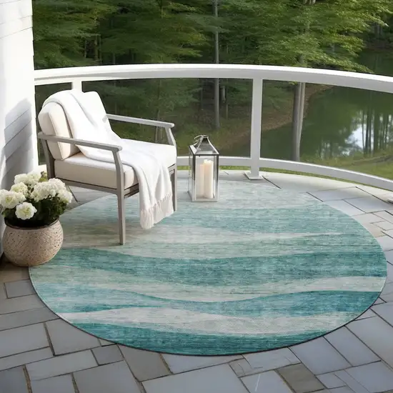 8' Teal Blue And Aqua Round Abstract Washable Indoor Outdoor Area Rug Photo 7