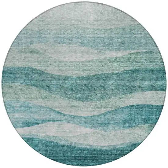 8' Teal Blue And Aqua Round Abstract Washable Indoor Outdoor Area Rug Photo 6