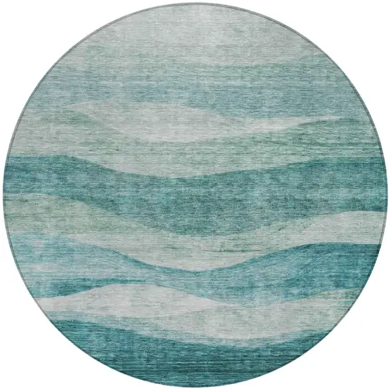 8' Teal Blue And Aqua Round Abstract Washable Indoor Outdoor Area Rug Photo 2