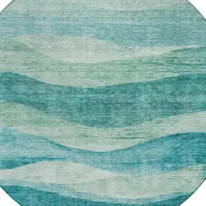 Photo of 8' Teal Blue And Aqua Round Abstract Washable Indoor Outdoor Area Rug