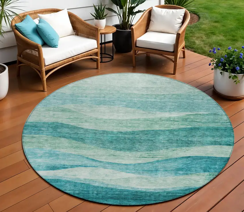 8' Teal Blue And Aqua Round Abstract Washable Indoor Outdoor Area Rug Photo 1