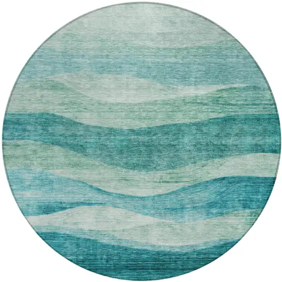 8' Teal Blue And Aqua Round Abstract Washable Indoor Outdoor Area Rug Photo 2
