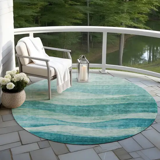 8' Teal Blue And Aqua Round Abstract Washable Indoor Outdoor Area Rug Photo 7