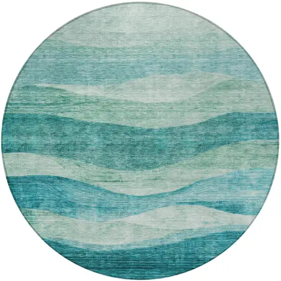8' Teal Blue And Aqua Round Abstract Washable Indoor Outdoor Area Rug Photo 6