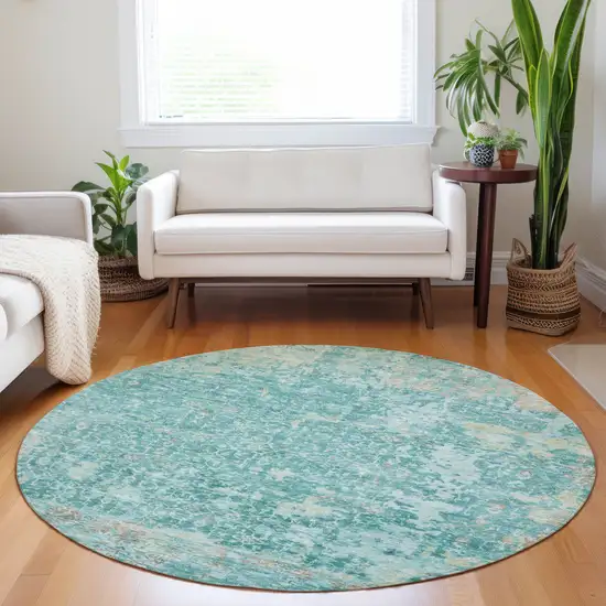 8' Teal Blue And Aqua Round Abstract Washable Indoor Outdoor Area Rug Photo 6