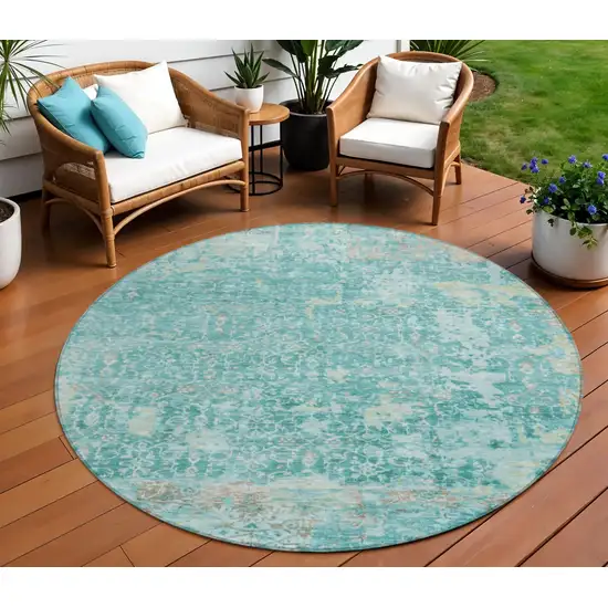 8' Teal Blue And Aqua Round Abstract Washable Indoor Outdoor Area Rug Photo 1