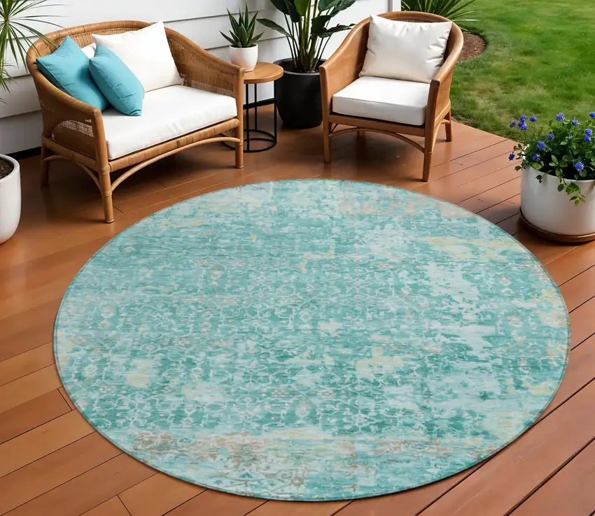 8' Teal Blue And Aqua Round Abstract Washable Indoor Outdoor Area Rug Photo 1