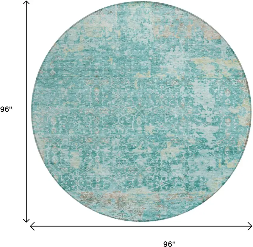 8' Teal Blue And Aqua Round Abstract Washable Indoor Outdoor Area Rug Photo 9