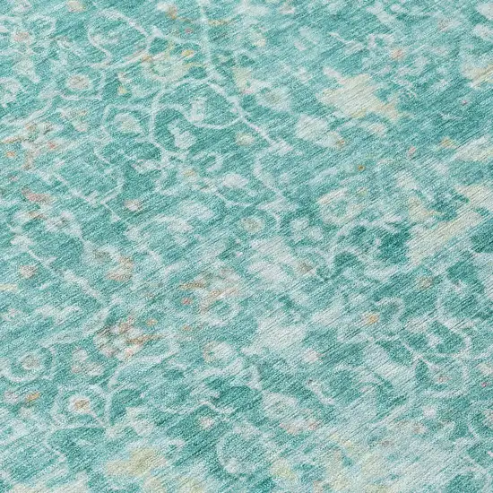 8' Teal Blue And Aqua Round Abstract Washable Indoor Outdoor Area Rug Photo 8