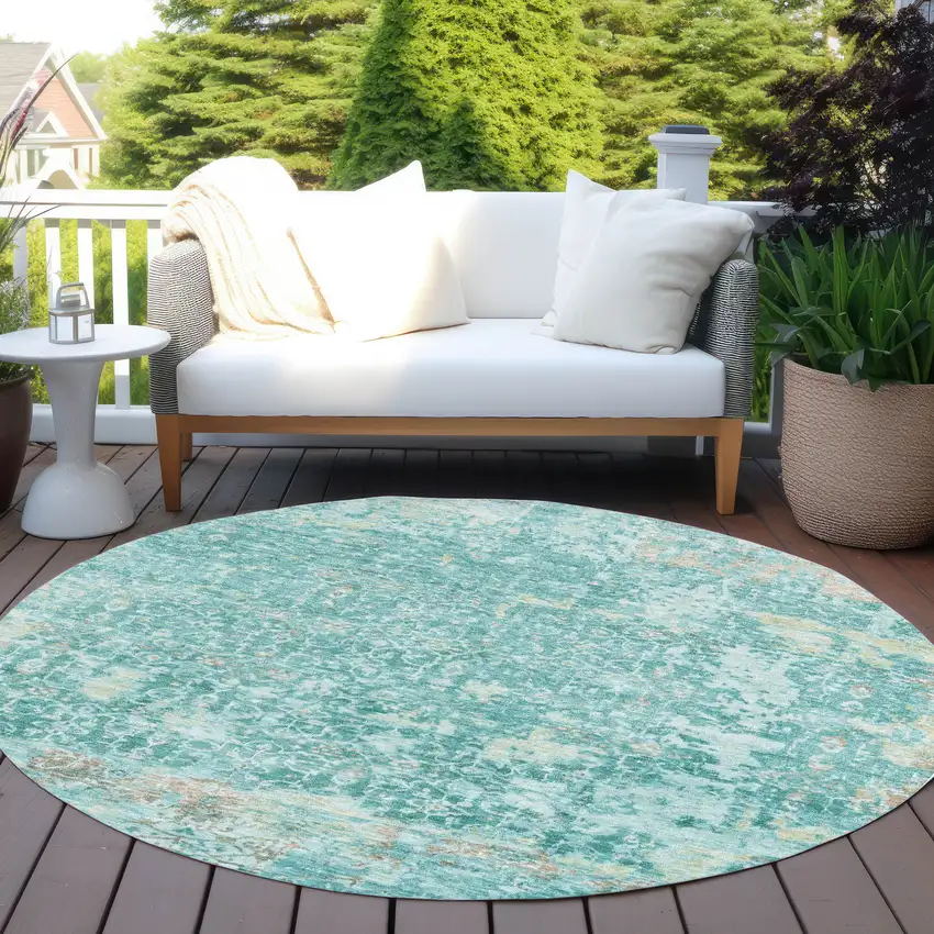8' Teal Blue And Aqua Round Abstract Washable Indoor Outdoor Area Rug Photo 5