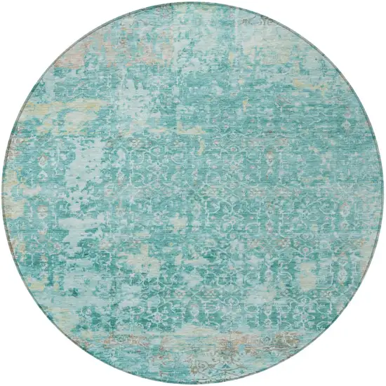 8' Teal Blue And Aqua Round Abstract Washable Indoor Outdoor Area Rug Photo 4