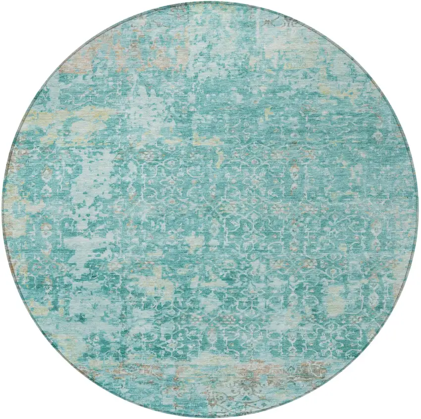 8' Teal Blue And Aqua Round Abstract Washable Indoor Outdoor Area Rug Photo 4