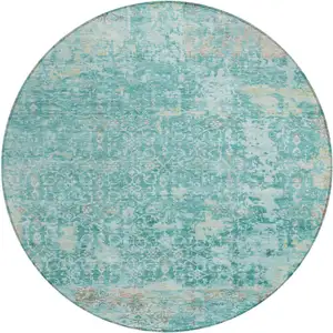 Photo of 8' Teal Blue And Aqua Round Abstract Washable Indoor Outdoor Area Rug