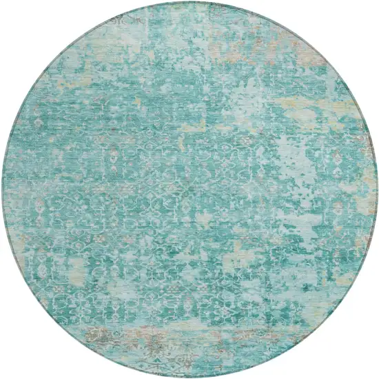 8' Teal Blue And Aqua Round Abstract Washable Indoor Outdoor Area Rug Photo 1