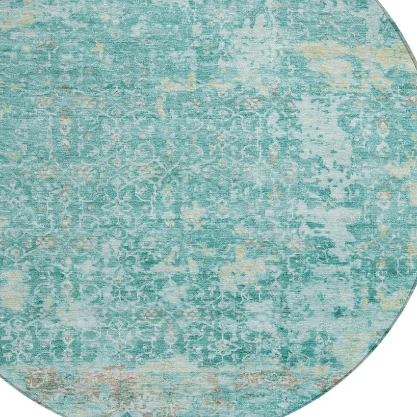 8' Teal Blue And Aqua Round Abstract Washable Indoor Outdoor Area Rug Photo 8