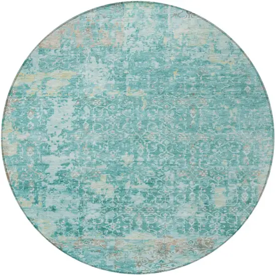 8' Teal Blue And Aqua Round Abstract Washable Indoor Outdoor Area Rug Photo 4