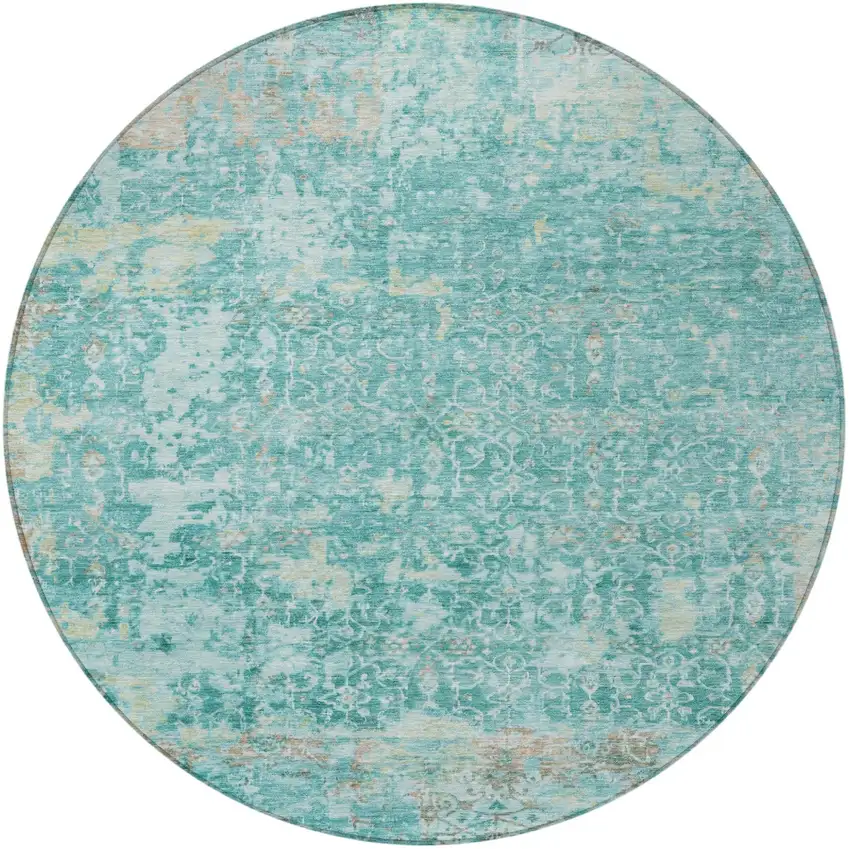 8' Teal Blue And Aqua Round Abstract Washable Indoor Outdoor Area Rug Photo 4