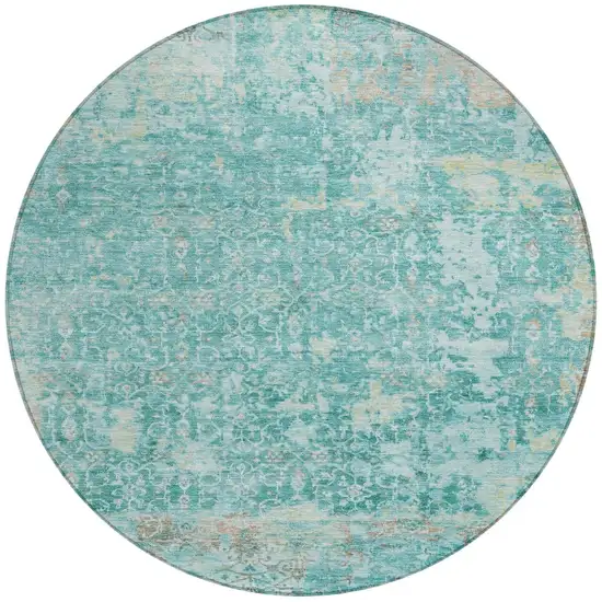 8' Teal Blue And Aqua Round Abstract Washable Indoor Outdoor Area Rug Photo 3