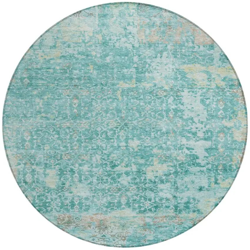 8' Teal Blue And Aqua Round Abstract Washable Indoor Outdoor Area Rug Photo 3