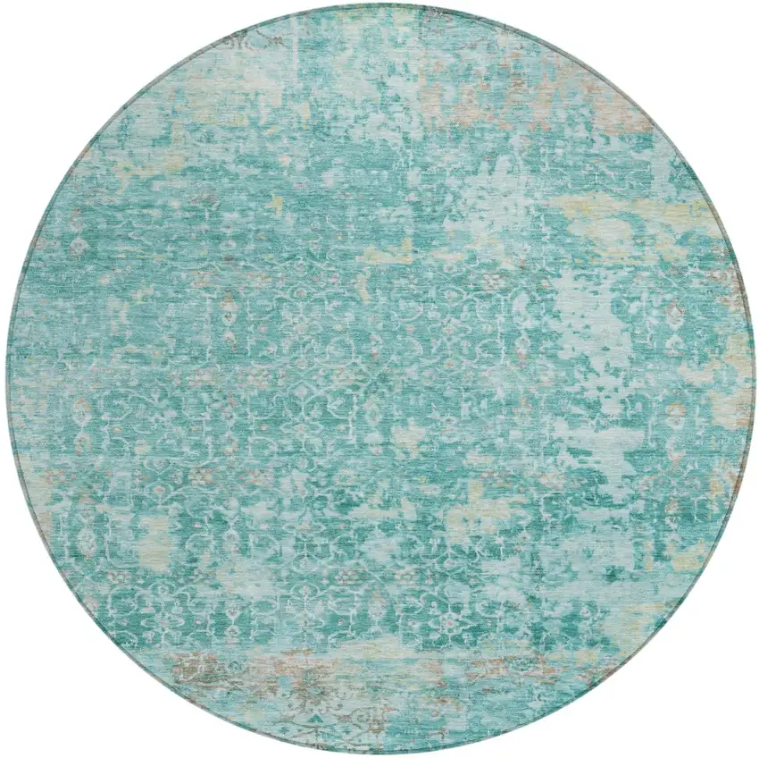 8' Teal Blue And Aqua Round Abstract Washable Indoor Outdoor Area Rug Photo 2