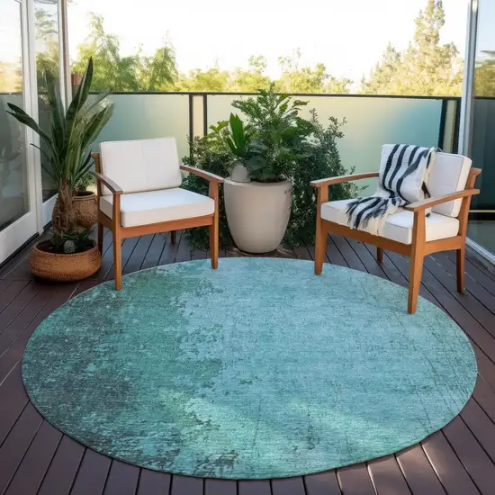 8' Teal Blue And Aqua Round Abstract Washable Indoor Outdoor Area Rug Photo 5