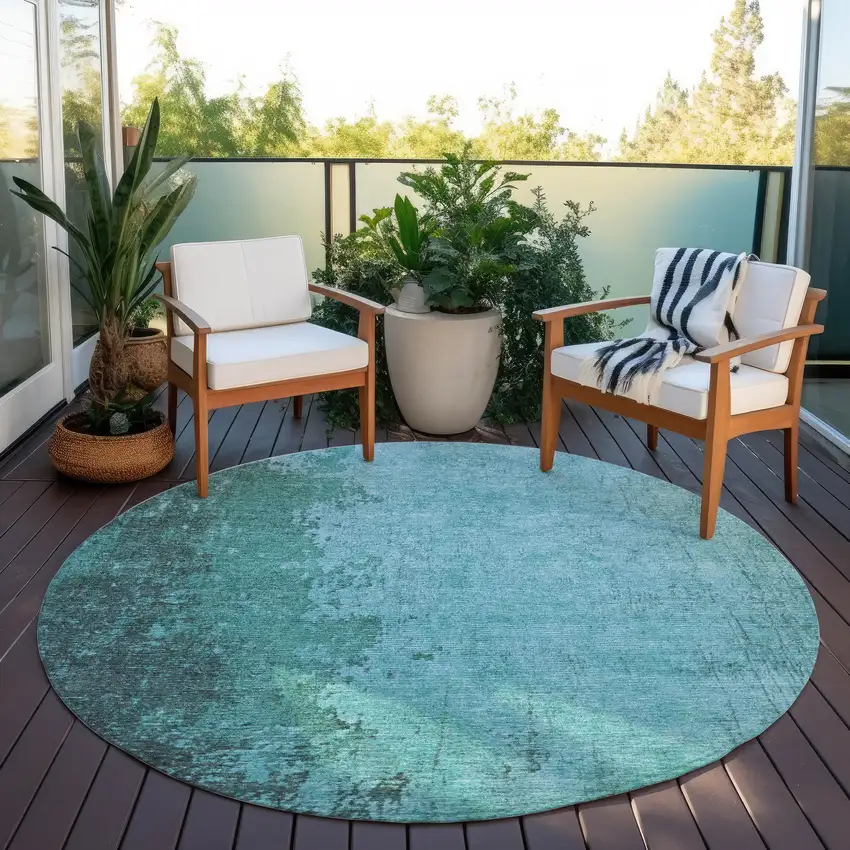 8' Teal Blue And Aqua Round Abstract Washable Indoor Outdoor Area Rug Photo 5