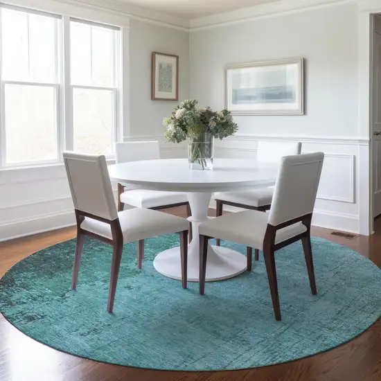 8' Teal Blue And Aqua Round Abstract Washable Indoor Outdoor Area Rug Photo 6