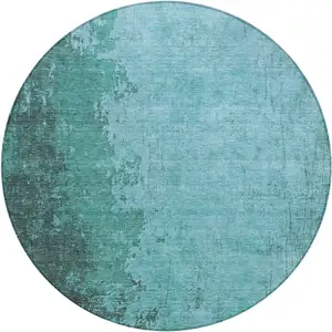 Photo of 8' Teal Blue And Aqua Round Abstract Washable Indoor Outdoor Area Rug