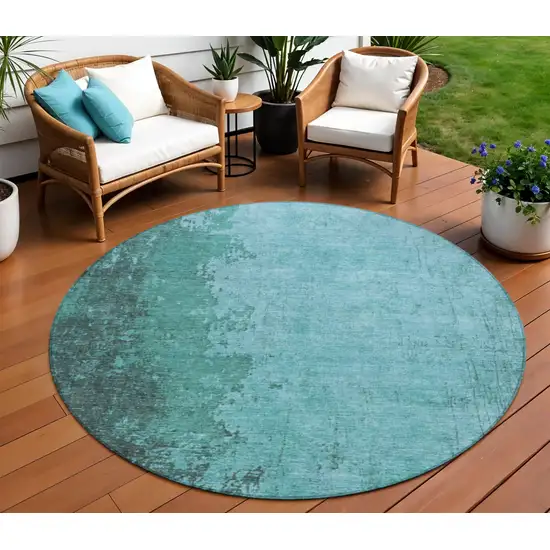 8' Teal Blue And Aqua Round Abstract Washable Indoor Outdoor Area Rug Photo 2
